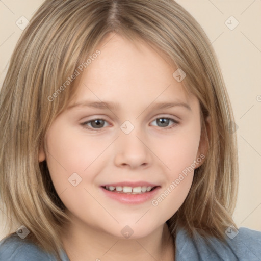 Joyful white child female with medium  brown hair and brown eyes