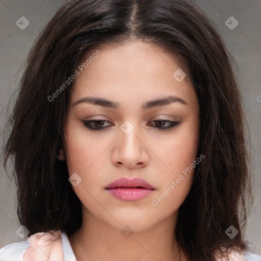 Neutral white young-adult female with medium  brown hair and brown eyes