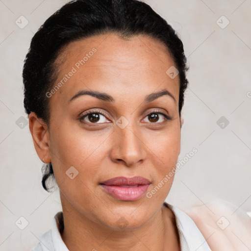 Joyful latino young-adult female with short  brown hair and brown eyes