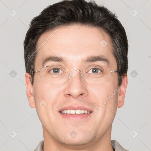 Joyful white adult male with short  brown hair and grey eyes