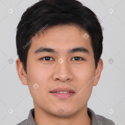 Neutral asian young-adult male with short  brown hair and brown eyes