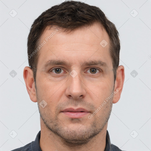 Neutral white adult male with short  brown hair and brown eyes