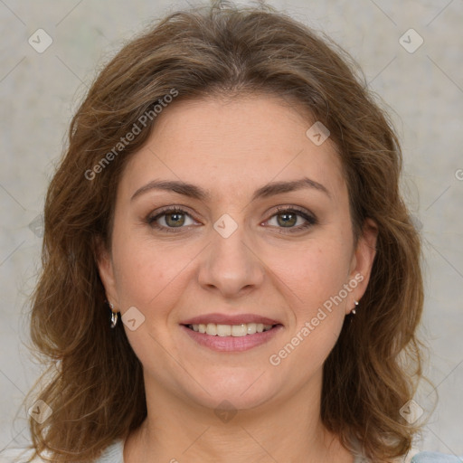 Joyful white young-adult female with medium  brown hair and green eyes