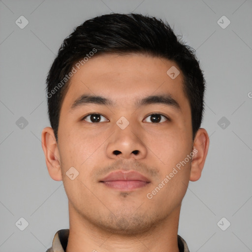 Neutral asian young-adult male with short  brown hair and brown eyes