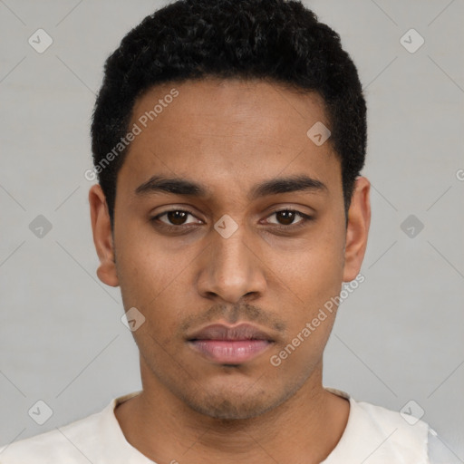 Neutral latino young-adult male with short  black hair and brown eyes