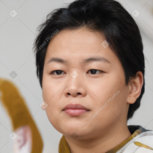 Neutral asian young-adult female with short  brown hair and brown eyes