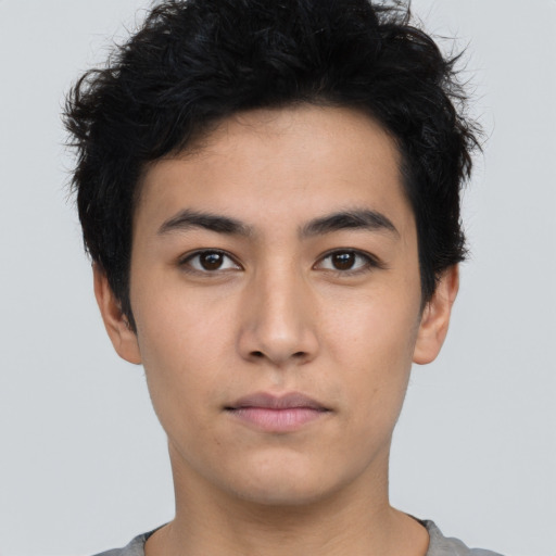 Neutral asian young-adult male with short  black hair and brown eyes