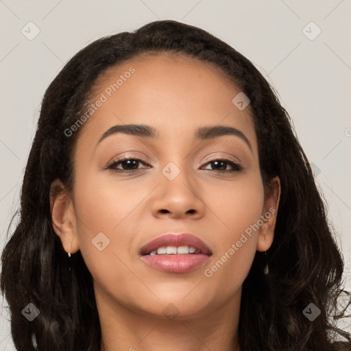 Joyful latino young-adult female with long  brown hair and brown eyes