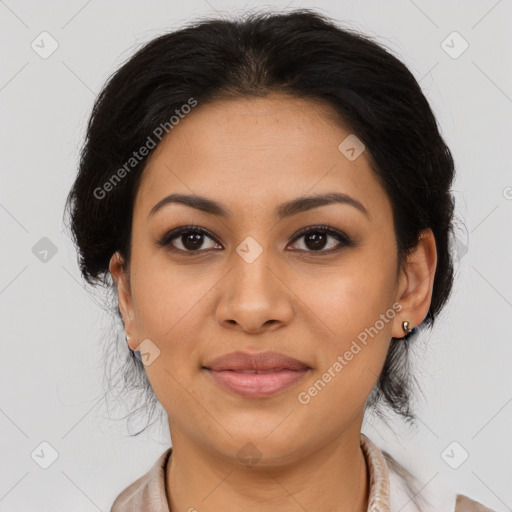 Joyful latino young-adult female with medium  brown hair and brown eyes