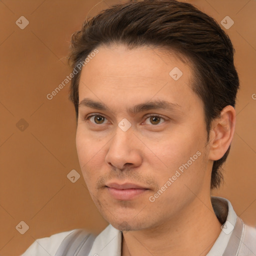 Neutral white young-adult male with short  brown hair and brown eyes