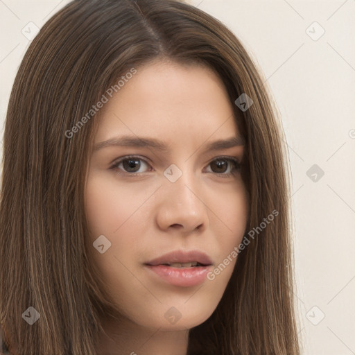 Neutral white young-adult female with long  brown hair and brown eyes