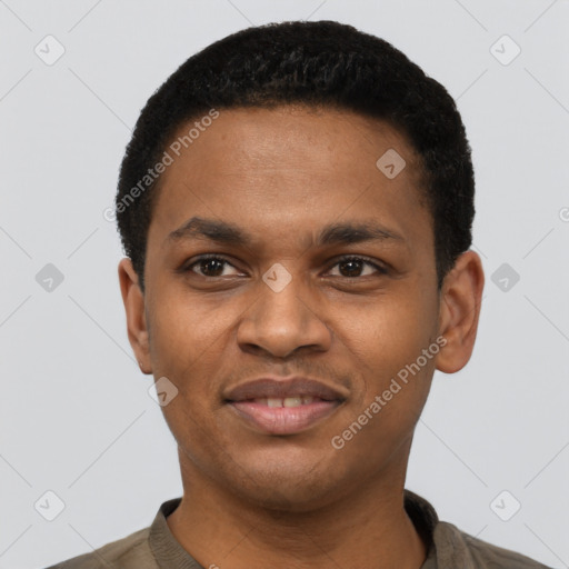 Joyful black young-adult male with short  black hair and brown eyes