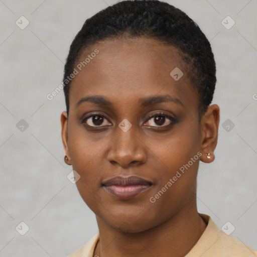 Neutral black young-adult female with short  brown hair and brown eyes