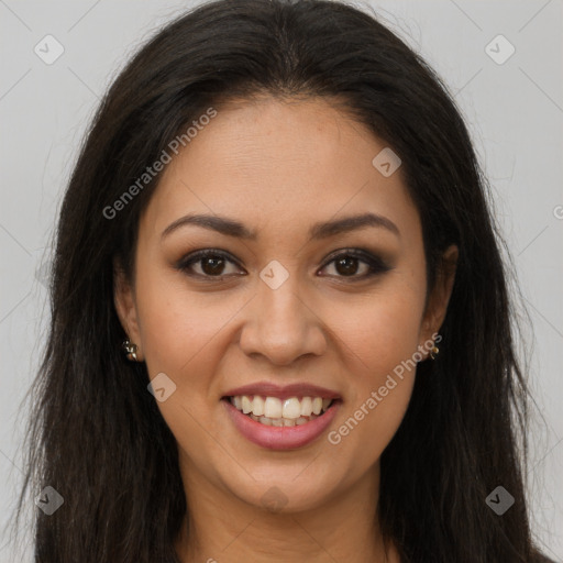 Joyful latino young-adult female with long  brown hair and brown eyes