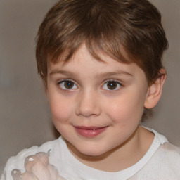 Joyful white child female with short  brown hair and brown eyes