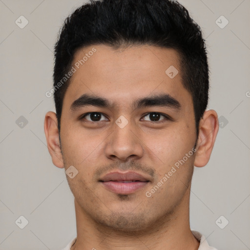 Neutral latino young-adult male with short  brown hair and brown eyes