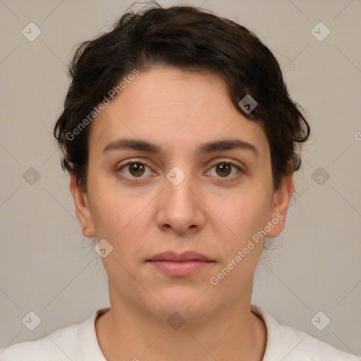 Neutral white young-adult female with short  brown hair and brown eyes