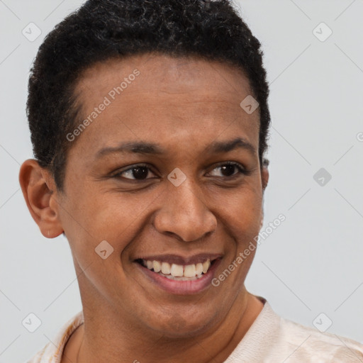 Joyful latino young-adult female with short  brown hair and brown eyes