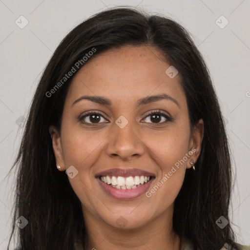 Joyful latino young-adult female with long  brown hair and brown eyes