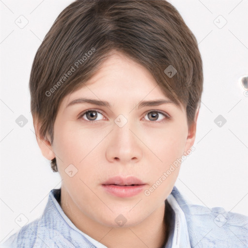 Neutral white young-adult female with short  brown hair and brown eyes