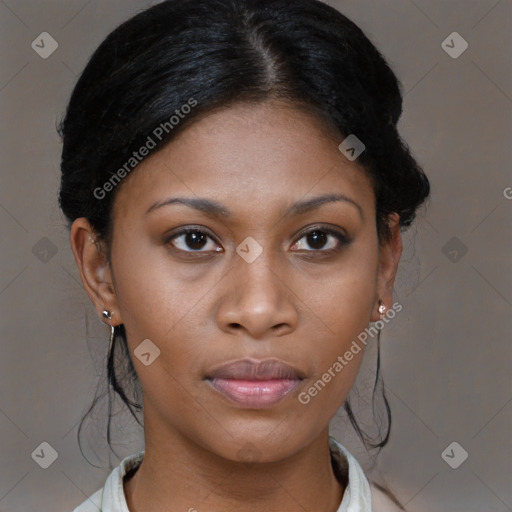 Neutral black young-adult female with medium  brown hair and brown eyes