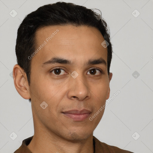 Neutral latino young-adult male with short  black hair and brown eyes