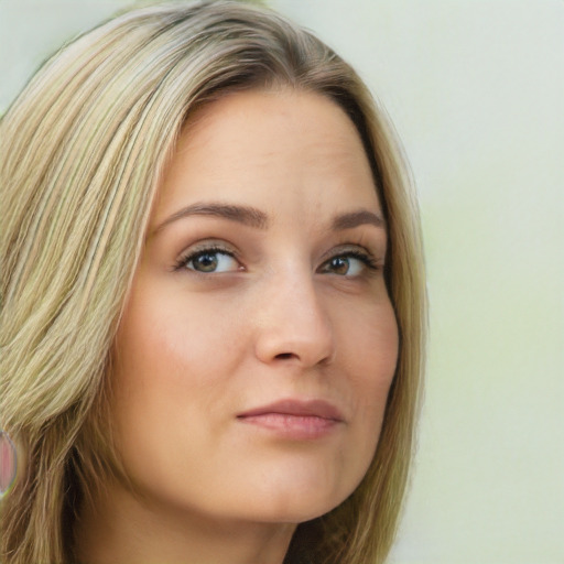 Neutral white young-adult female with long  brown hair and green eyes