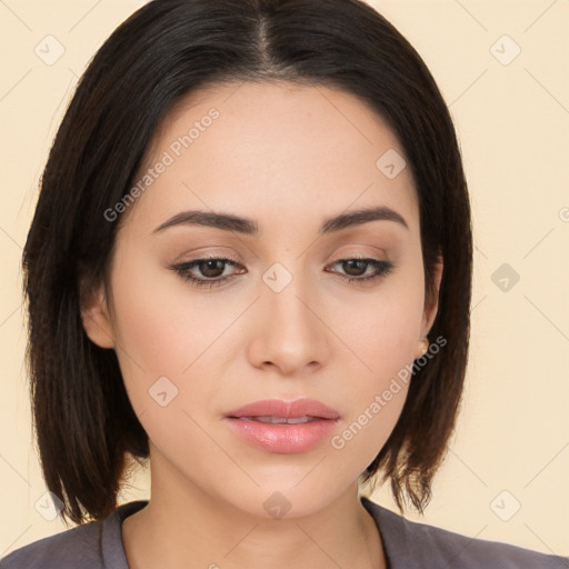 Neutral white young-adult female with medium  brown hair and brown eyes