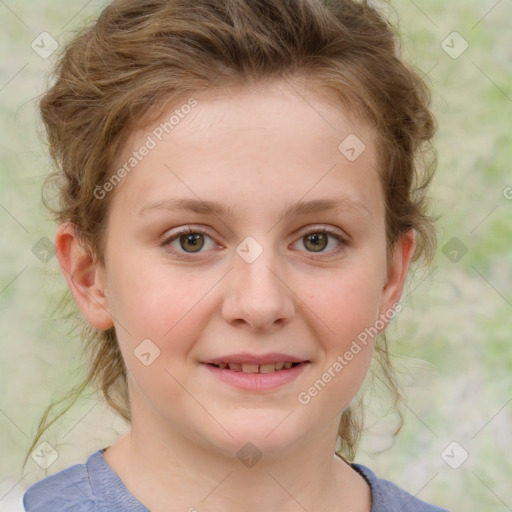 Joyful white child female with medium  brown hair and blue eyes