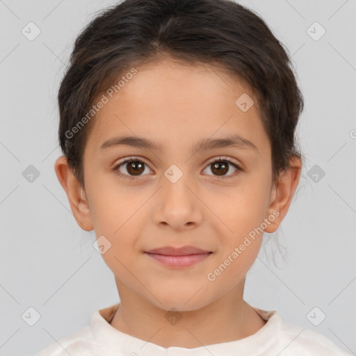 Joyful white child female with short  brown hair and brown eyes