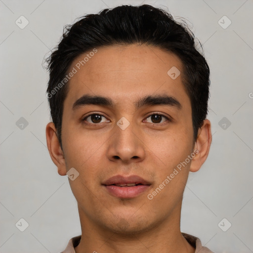 Neutral latino young-adult male with short  black hair and brown eyes