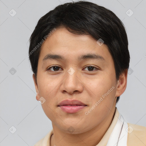 Joyful asian young-adult male with short  brown hair and brown eyes