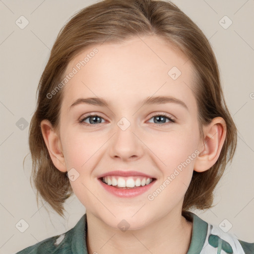 Joyful white young-adult female with medium  brown hair and blue eyes