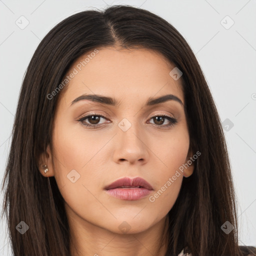 Neutral white young-adult female with long  brown hair and brown eyes