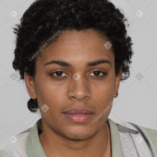 Neutral black young-adult female with short  brown hair and brown eyes