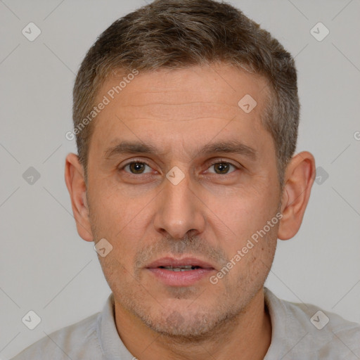 Neutral white adult male with short  brown hair and brown eyes