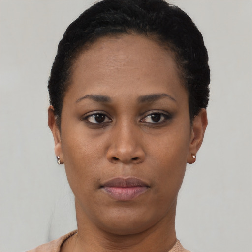 Neutral black young-adult female with short  black hair and brown eyes