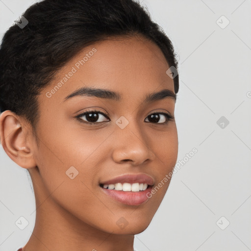 Joyful latino young-adult female with short  brown hair and brown eyes