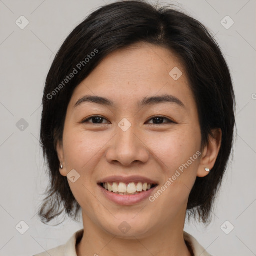 Joyful white young-adult female with medium  brown hair and brown eyes