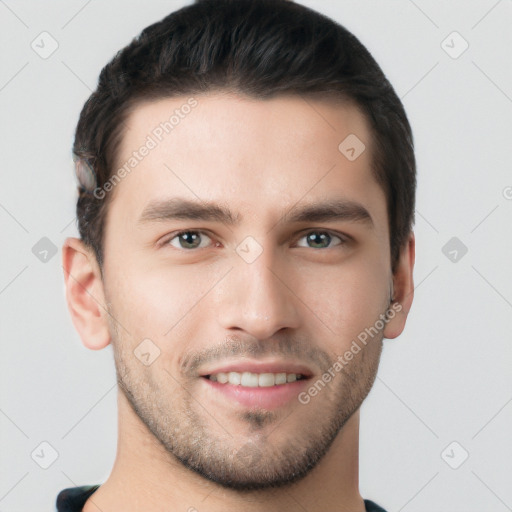 Joyful white young-adult male with short  brown hair and brown eyes