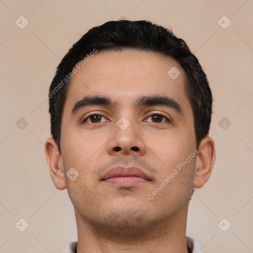 Neutral latino young-adult male with short  black hair and brown eyes