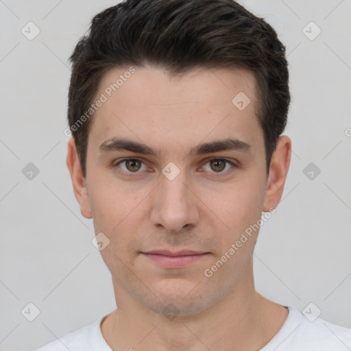 Neutral white young-adult male with short  brown hair and brown eyes