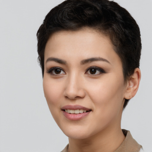 Joyful white young-adult female with short  black hair and brown eyes