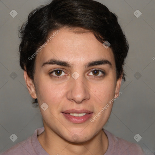 Joyful white young-adult female with short  brown hair and brown eyes