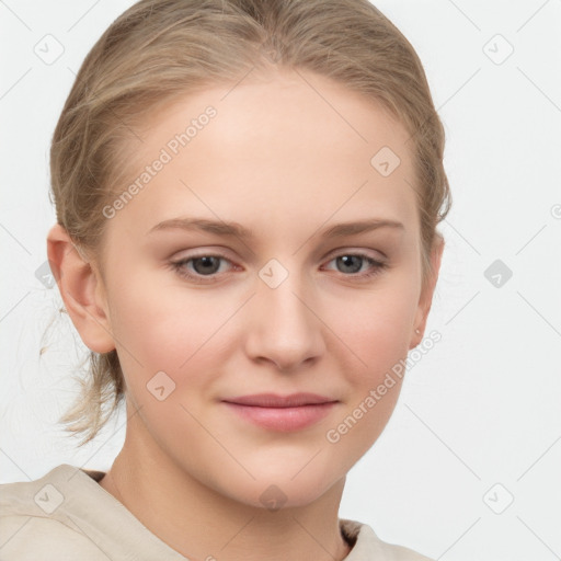 Joyful white child female with medium  brown hair and grey eyes