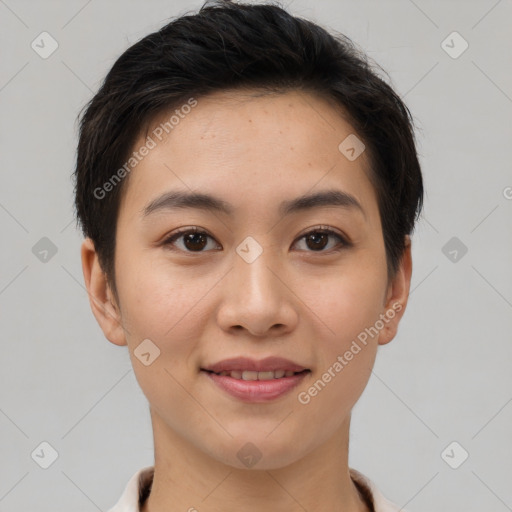 Joyful asian young-adult female with short  brown hair and brown eyes