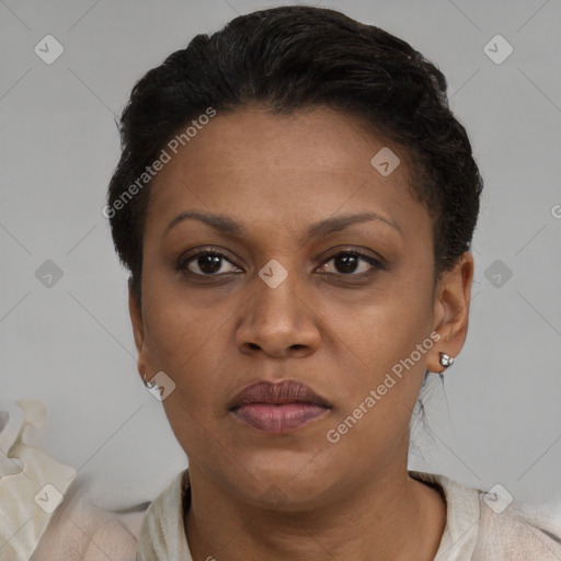 Neutral black adult female with short  brown hair and brown eyes