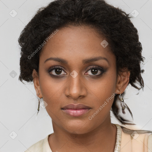 Neutral black young-adult female with long  brown hair and brown eyes