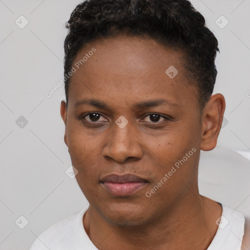 Neutral black young-adult female with short  black hair and brown eyes