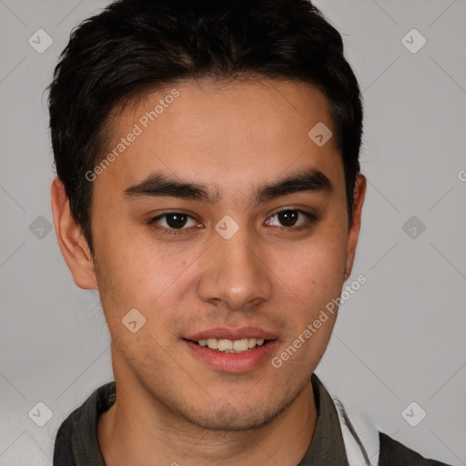 Joyful latino young-adult male with short  brown hair and brown eyes